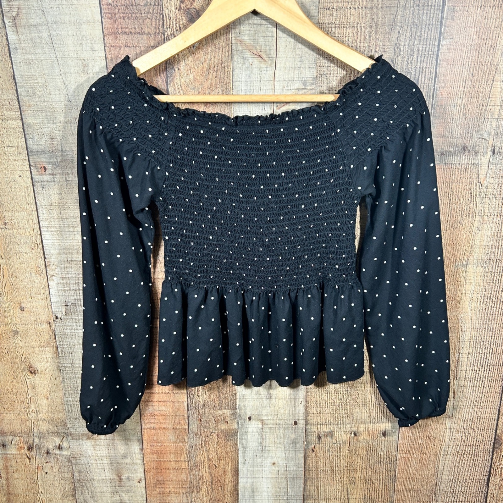 Japna Black Polka Dot Rayon Smocked Peplum Off Shoulder Top Boho Coquette Small